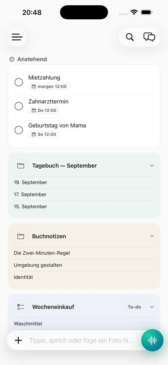 Der 2Mind-Startbildschirm mit deinen Sammlungen und dem Erfassungsorb unten.