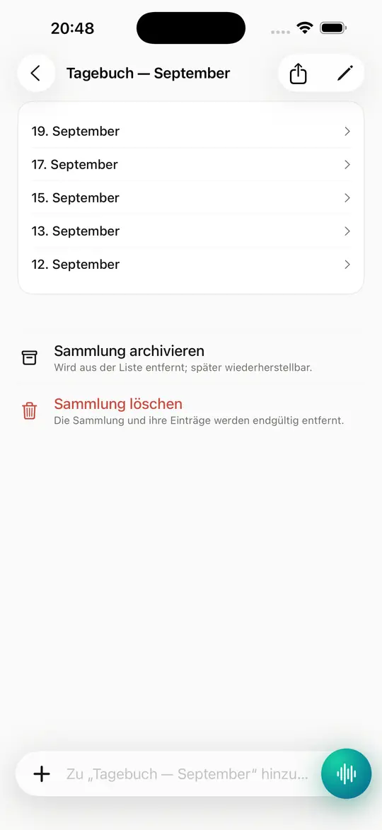 Jede Sammlung führt ihre eigene Zusammenfassung und die To-dos aus deinen Einträgen.