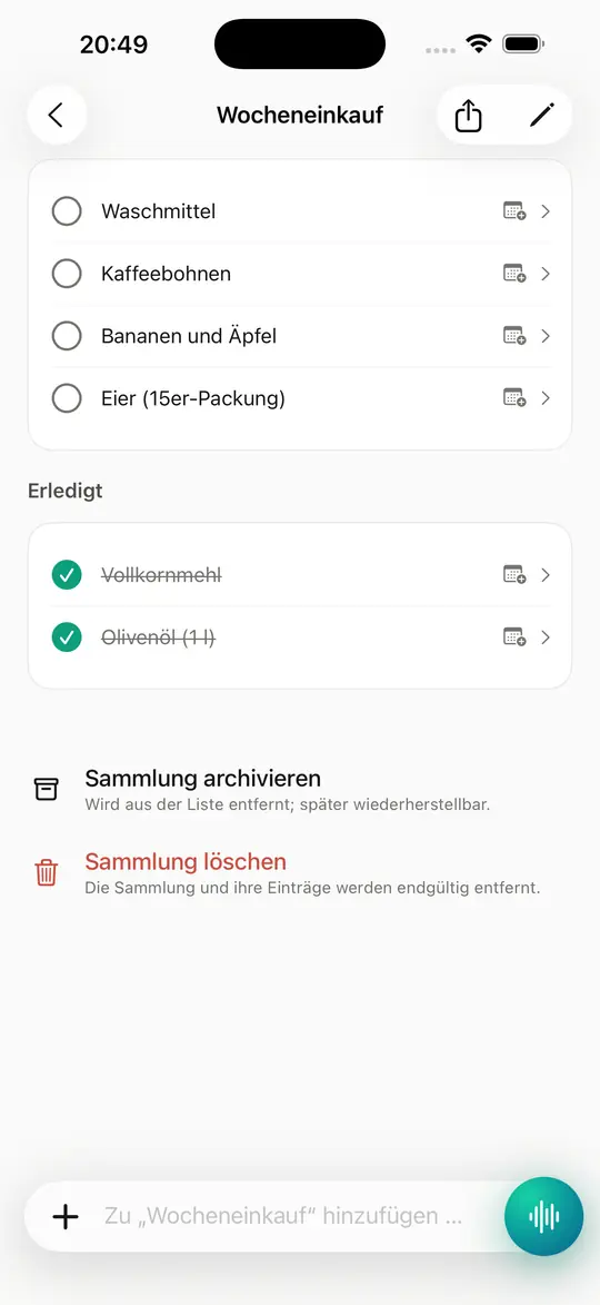 To-dos und Einkaufslisten aus deinen Einträgen, die ältesten zuerst.