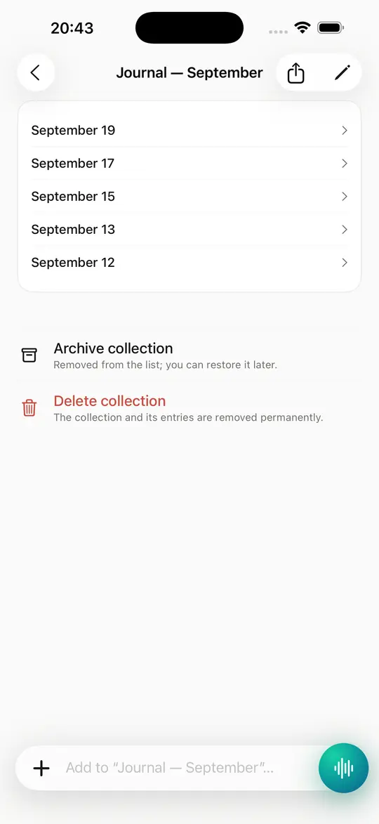 Every collection keeps its own summary and the to-dos pulled from your entries.