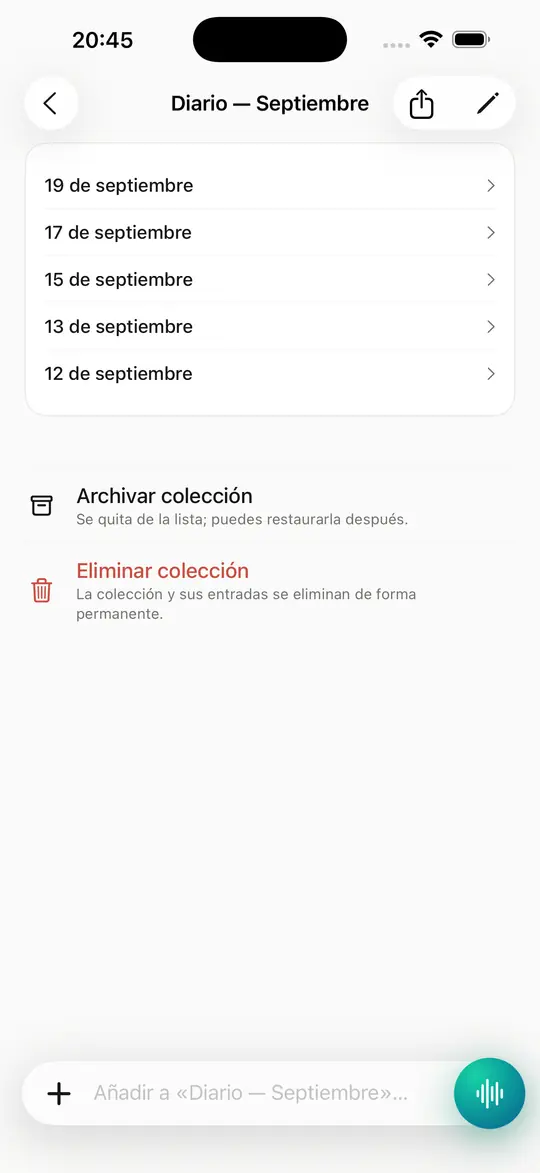 Cada colección guarda su propio resumen y las tareas extraídas de tus entradas.