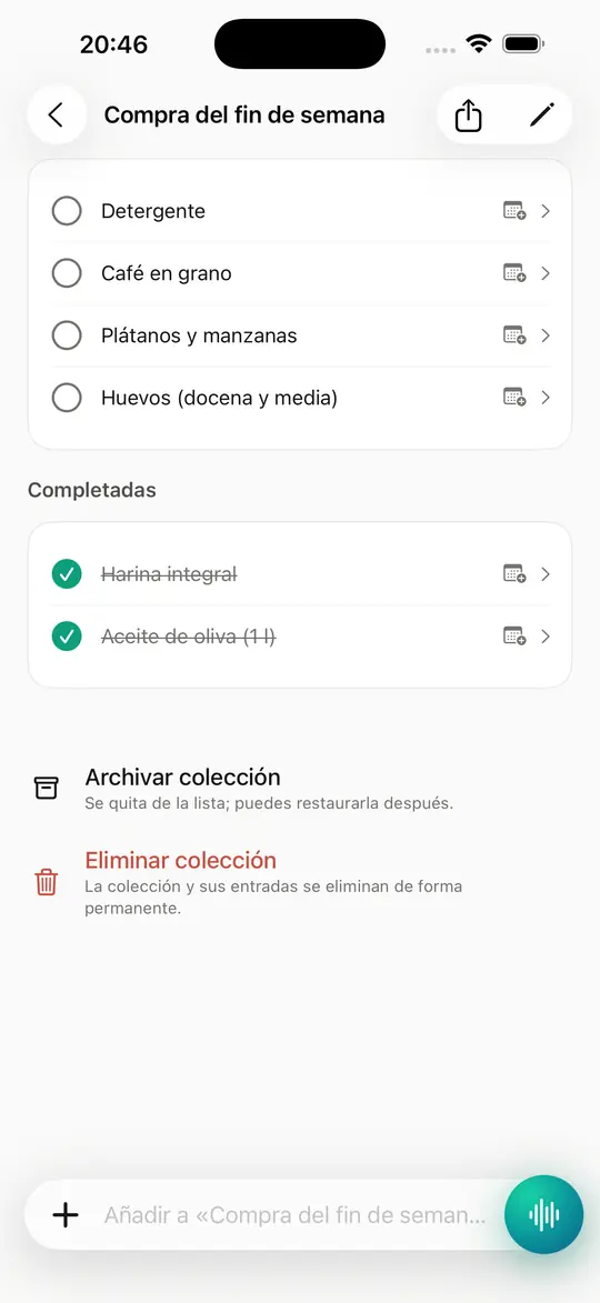 Tareas y listas de la compra extraídas de tus entradas, las más antiguas primero.